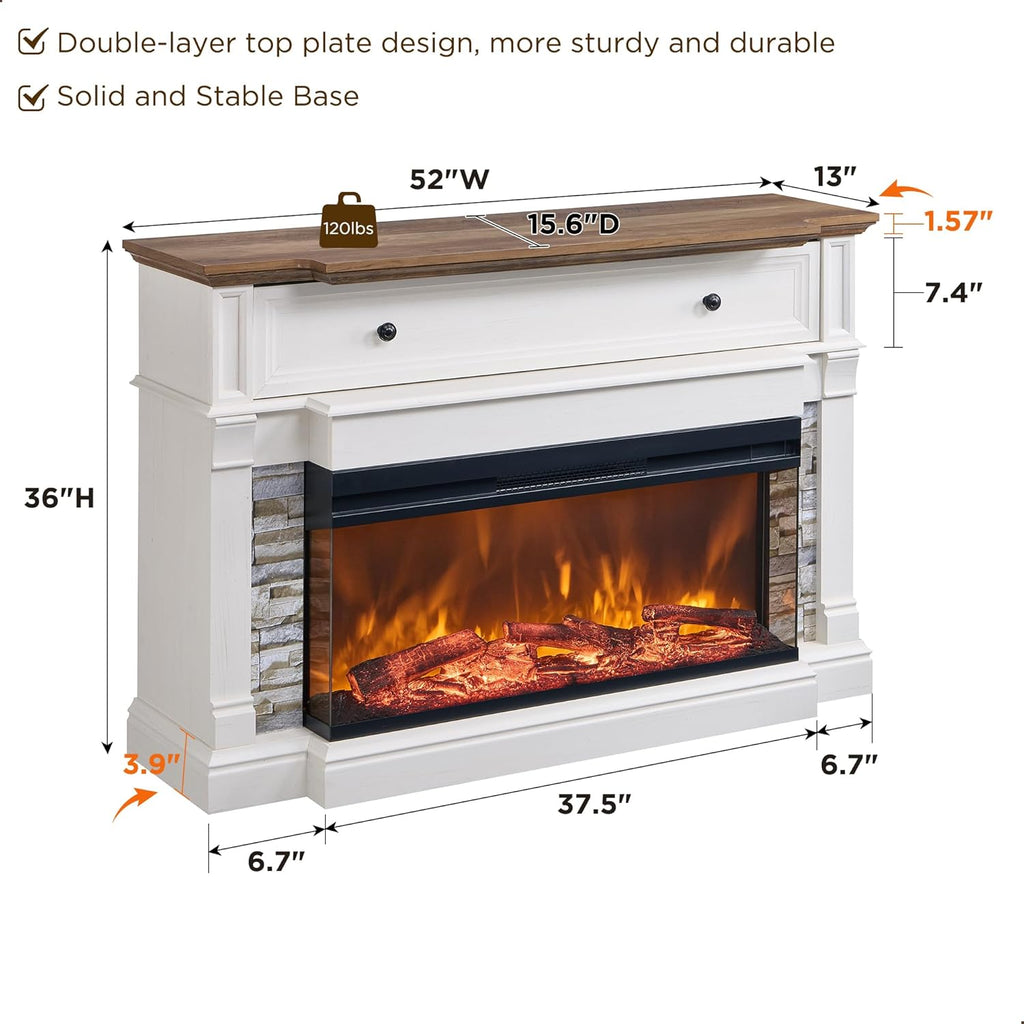 52 Inch 3-Sided Glass Fireplace TV Stand for TVs up to 65 Inches, 36 Inch Tall Highboy Farmhouse Entertainment Center with Storage, Antique White