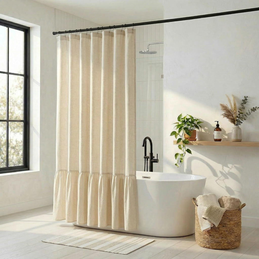 Linen Shower Curtains - Farmhouse & Bohemian Shower Curtains, Neutral Textured 1:2 Ruffled Shower Curtain, Spa-Like