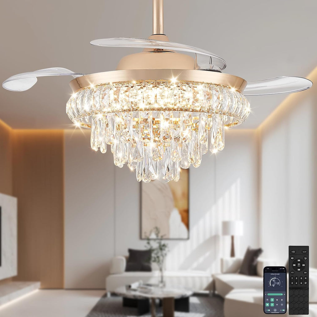 36" Crystal Ceiling Fan with Light, Retractable Blades Fandelier