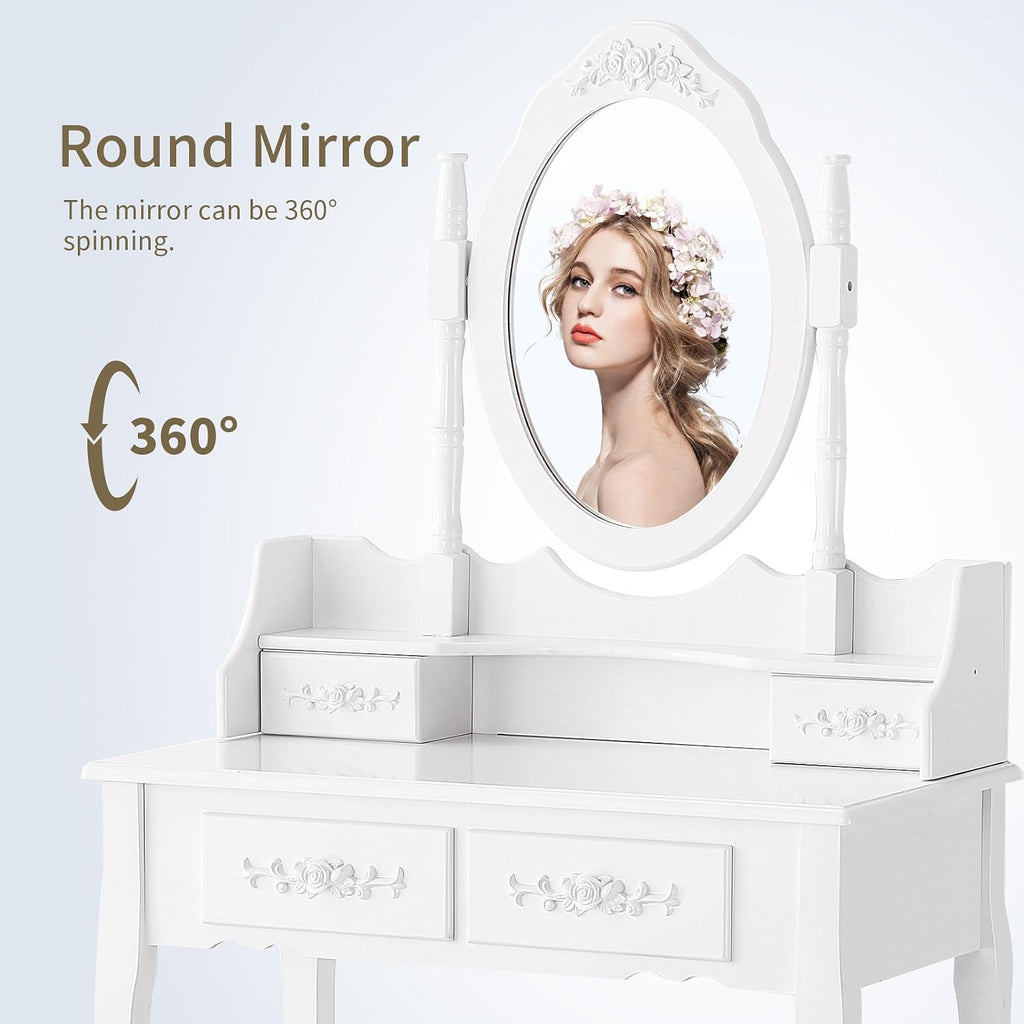 Vanity Table Set with 4 Drawer,Makeup Dressing Table w/Cushioned Stool,Girls Women Bedroom Furniture Set Oval Mirror