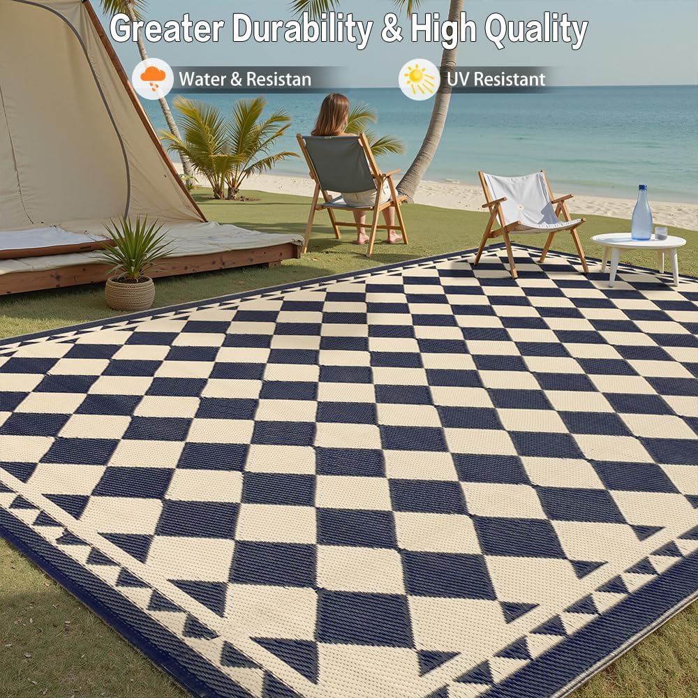 9x12 Black Beige Checkered Waterproof Outdoor Rug