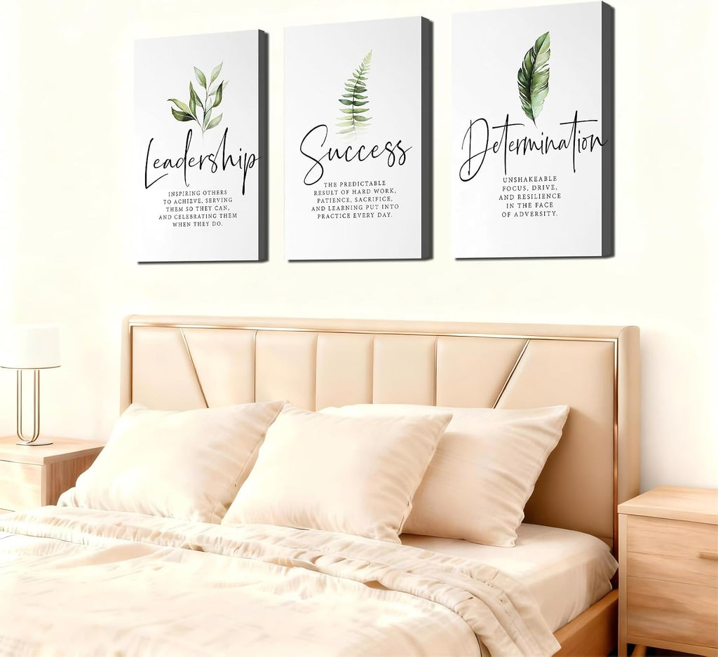 Set of 3 Framed Canvas Art - Motivational Office Wall Decor, Leadership/Success Quotes with Leaves, Inspirational