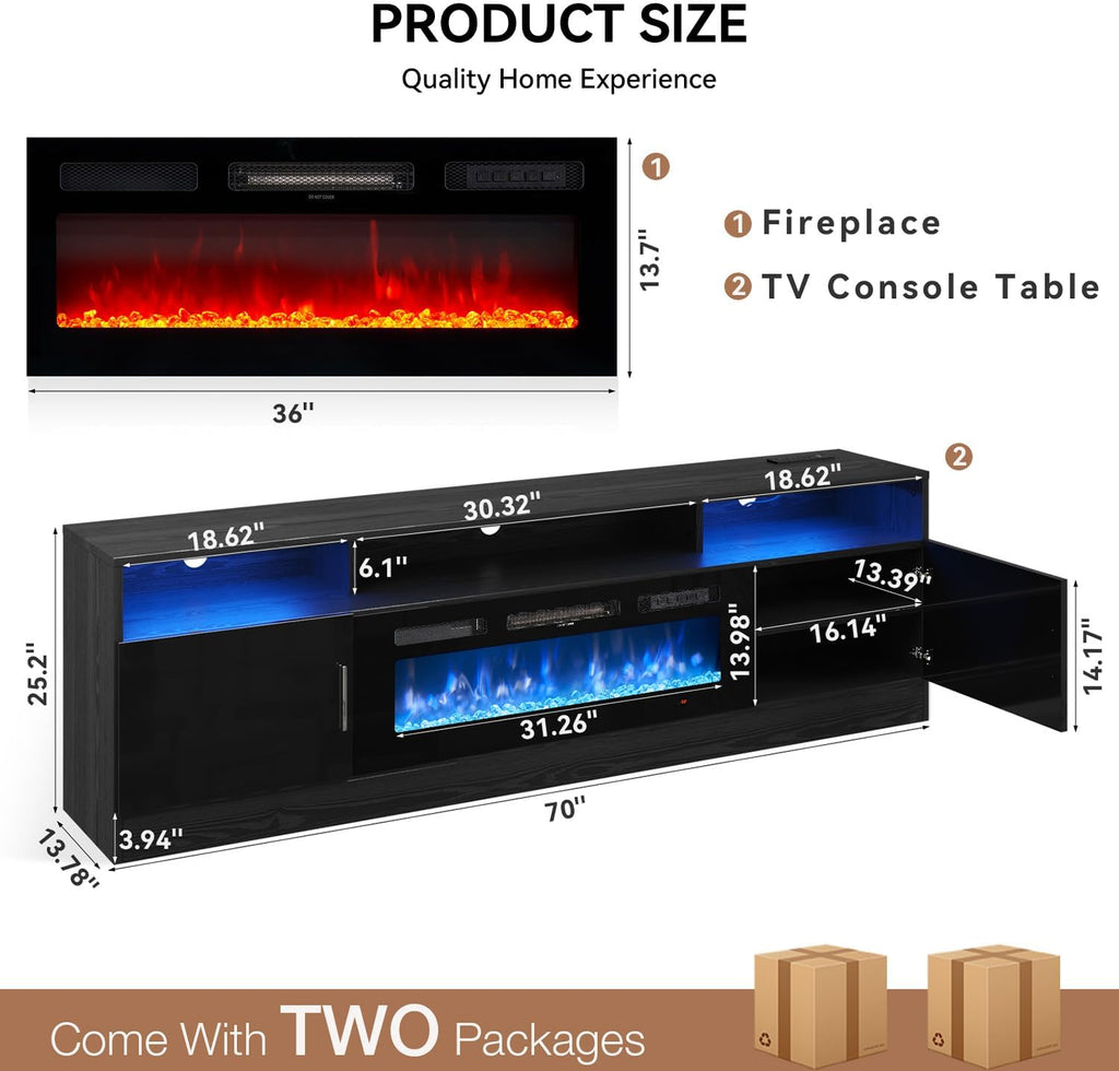 70" Fireplace TV Stand with Power Outlet for TVs UP to 80", Electric Fireplace Entertainment Center with LED Lights & Storage Cabinets, TV Console for Living Room, Office, Black-Black