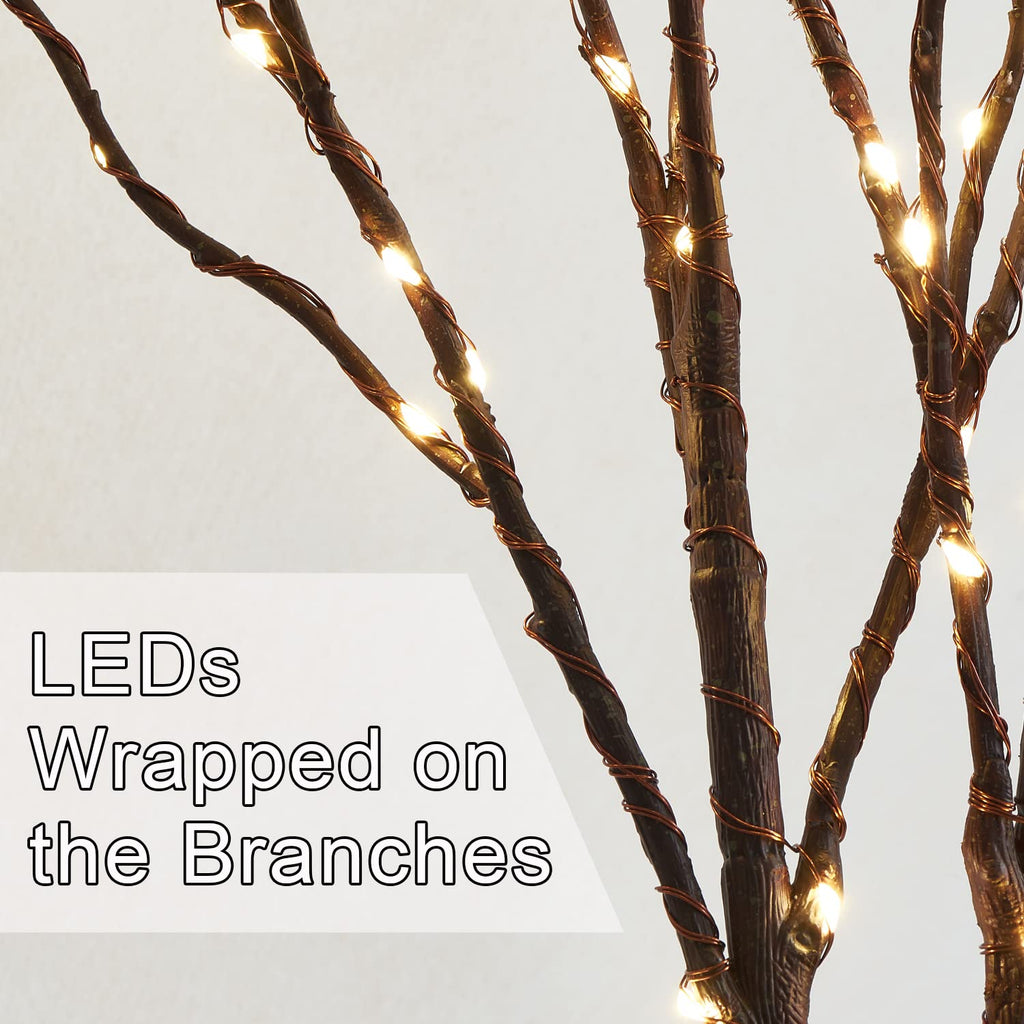 Lighted Brown Branches with Timer 32 in 100 LED for Vases Battery Operated, Artificial Willow Branch Twigs with Warm