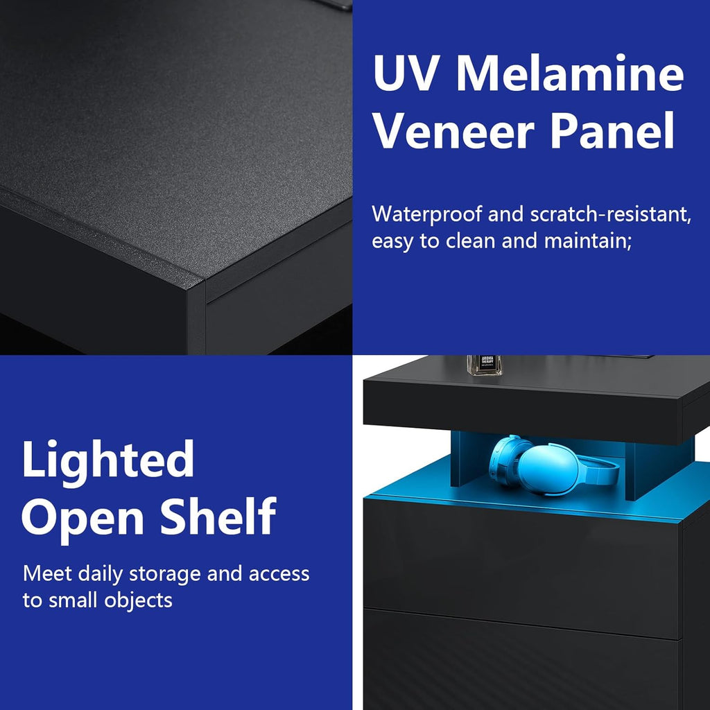 Nightstand with Charging Station and LED Light, Smart Nightstand with USB Port & Wireless Charging, Modern Night