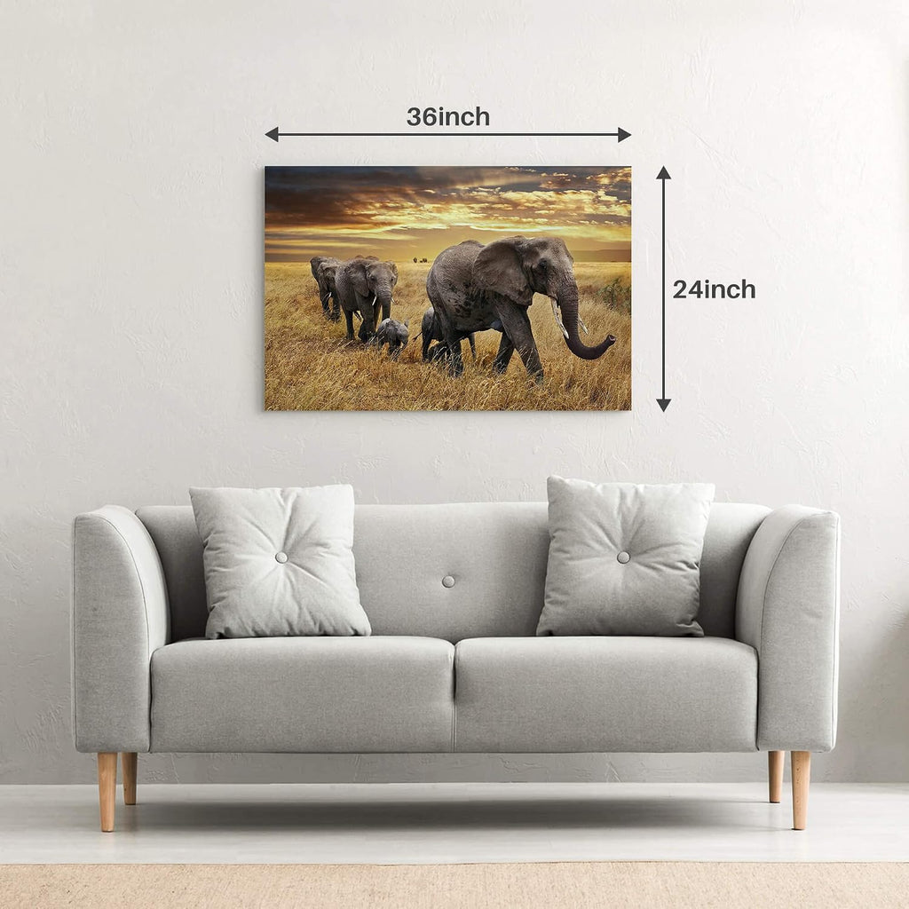 Elephant Canvas Picture Wall Art: Elephant Family Migrate Painting yellow Autumn Sunset Prints Panoramic Animals