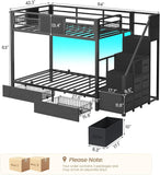 Bunk Bed Twin Over Twin with Stairs, LED Lights Twin Bunk Bed with 2 Storage Drawers & 6 Fabric Drawers