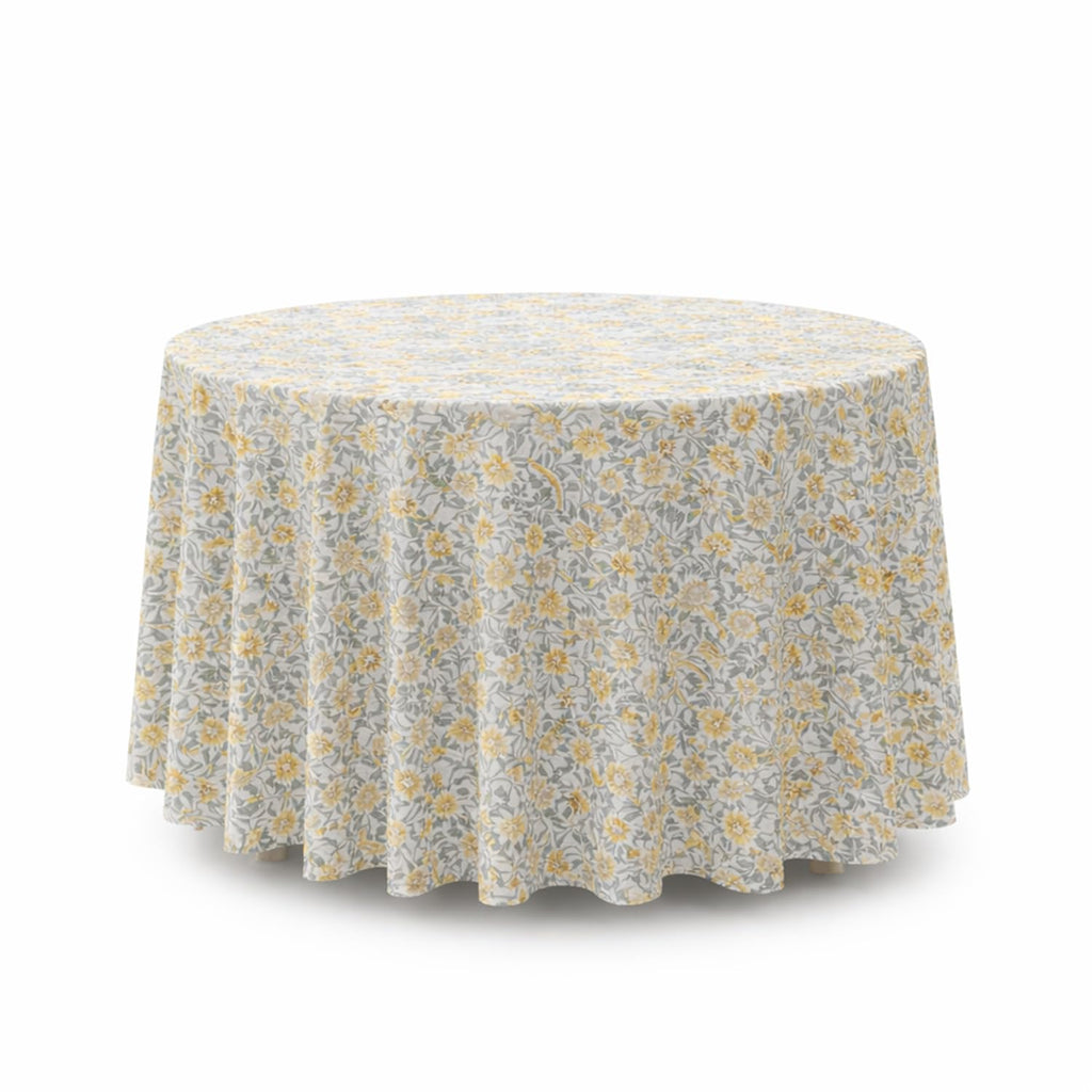 Yellow & White Floral Round Tablecloth, Hand Block Printed Cotton with Striped Border, Dining Table Cover, Handmade