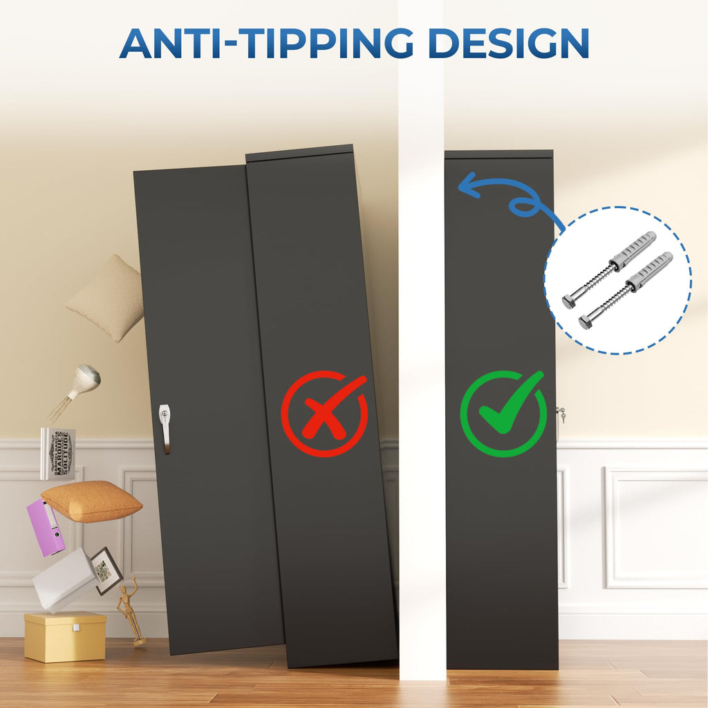 Metal Wardrobe Cabinets with Lock, 72" Clothing Storage Cabinets with Hanging Rod and 4 Adjustable Shelves, Armoire