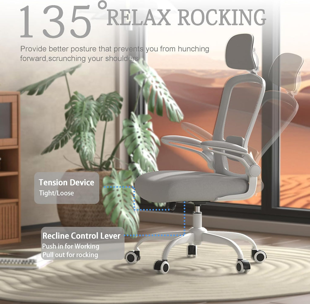 High Back Ergonomic Desk Chair with Adjustable Lumbar Support and Headrest, with flip-up Armrests for Guitar Playing