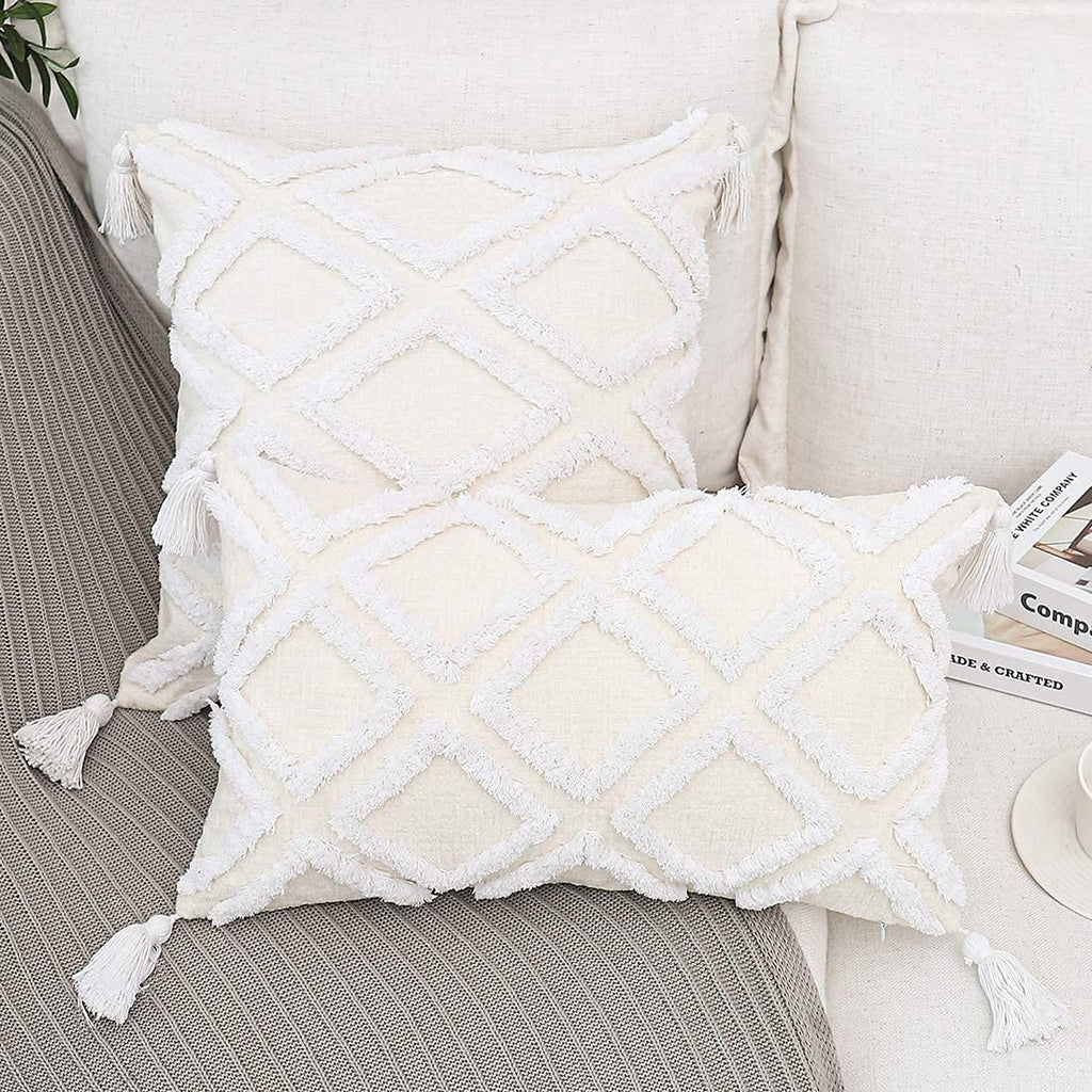 White Throw Pillow Cover 18x18 Inch with Tassels, Moroccan Tufted Decorative Cream Chenille Fabric Accent Textured