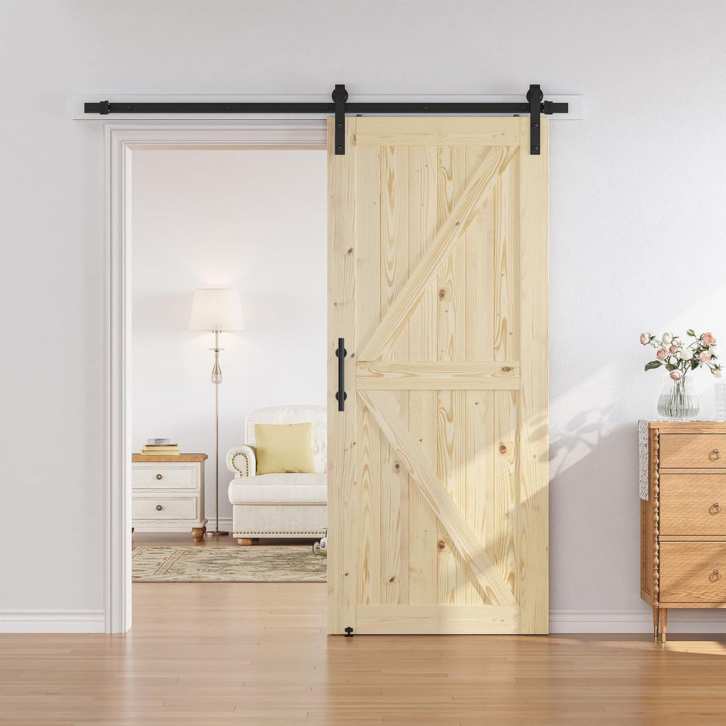 36in x 84in Sliding Barn Door with 6.6ft Barn Door Hardware Kit Included, Unfinished Solid Spruce Wood Door, Assembly