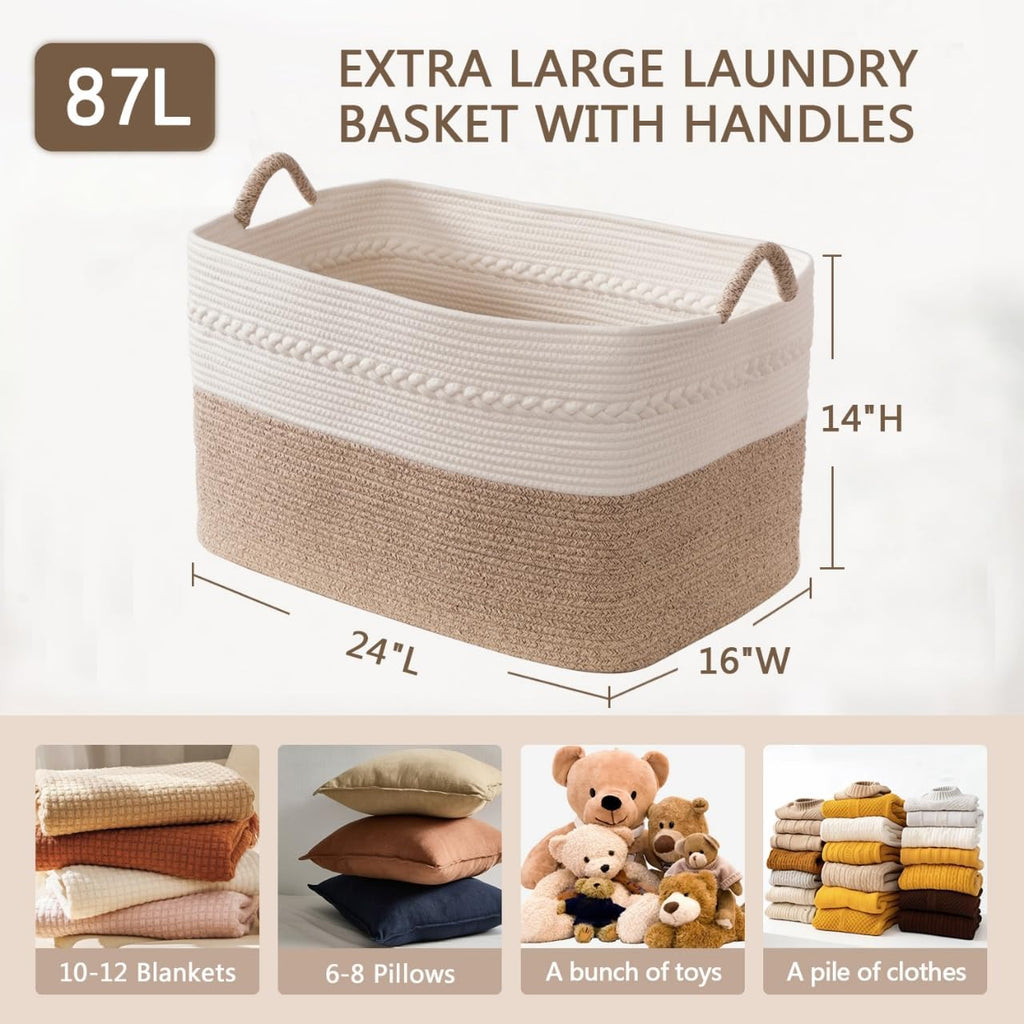Extra large laundry basket woven from natural cotton rope with handles storage blankets for living rome big
