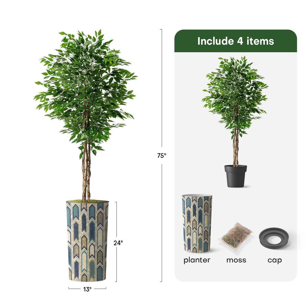 Artificial Tree in Modern Polygon Pattern Effect Planter, Fake Ficus Silk Tree for Indoor and Outdoor Home Decoration