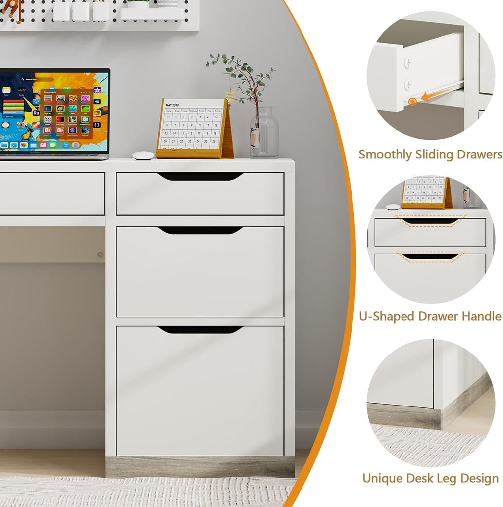 52 Inch White Desk with 4 Drawers, Computer Desk with Storage for Small Spaces with Storage File Cabinet