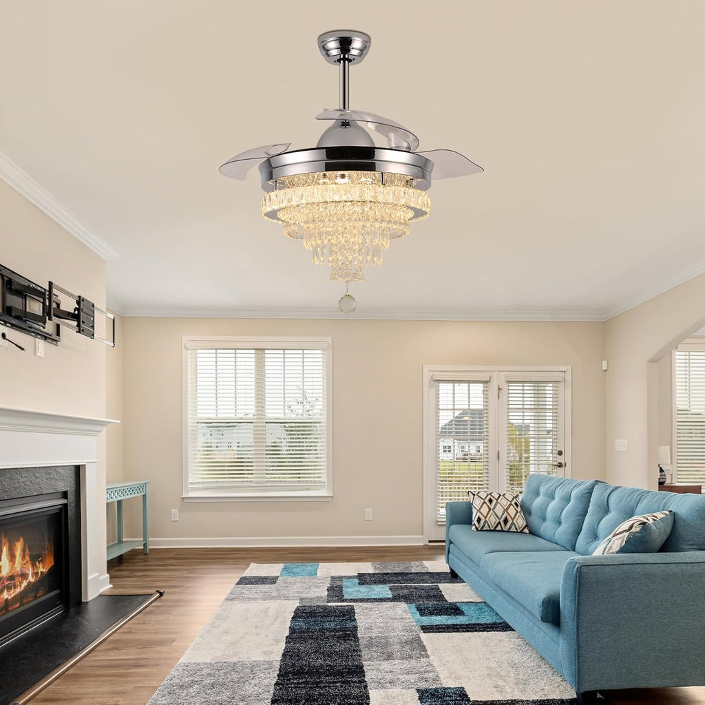 42" Modern Crystal Chandelier Ceiling Fan with Light & Remote,Dimmable LED Fandelier ,3 Color Temperatures,6 Speeds