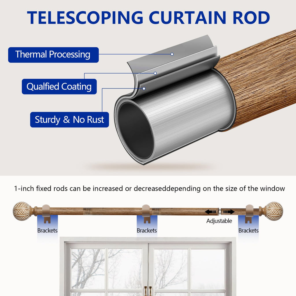 Wood Curtain Rods for Windows: 1 Inch Diameter Adjustable Heavy Duty Curtain Rod 32" to 45" with Imitation Wood Grain