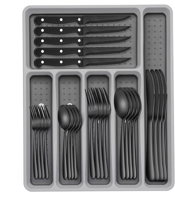 49-Piece Black Silverware Set with Organizer, Heavy Duty Stainless Steel Flatware for 8