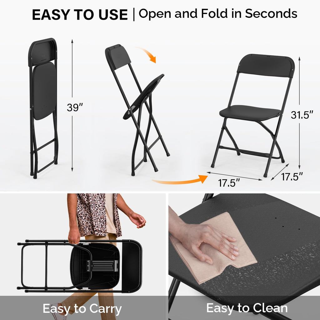 10 Pack Black Plastic Folding Chair, Indoor Outdoor Portable Stackable Commercial Seat with Steel Frame 350lb.
