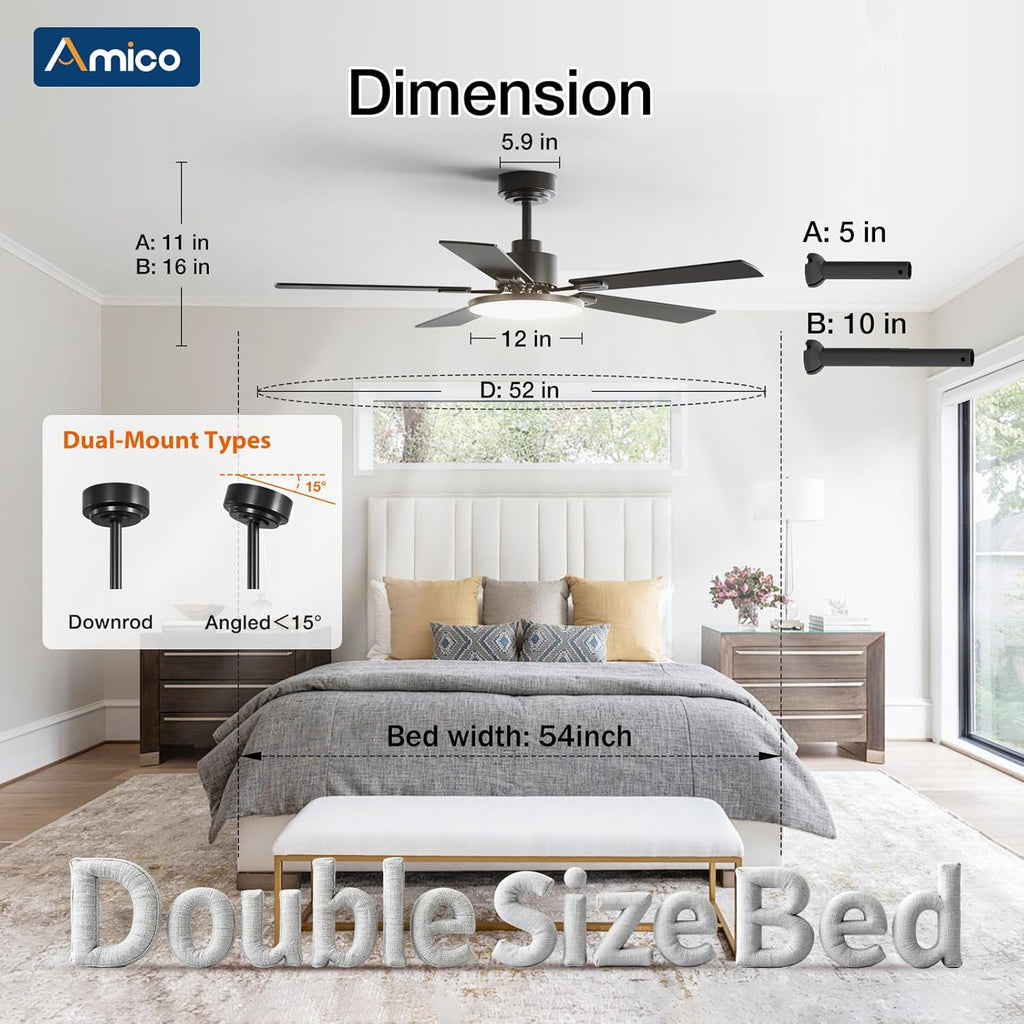 52 Inch Smart Ceiling Fan with Lights, Remote/App/Alexa/Google Control, WiFi Modern Downrod Mount Ceiling Fan