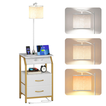 End Table with Floor Lamp, Nightstand with Charging Station, Floor Lamp Table with 3-Color Temperature Bulb, Bedside