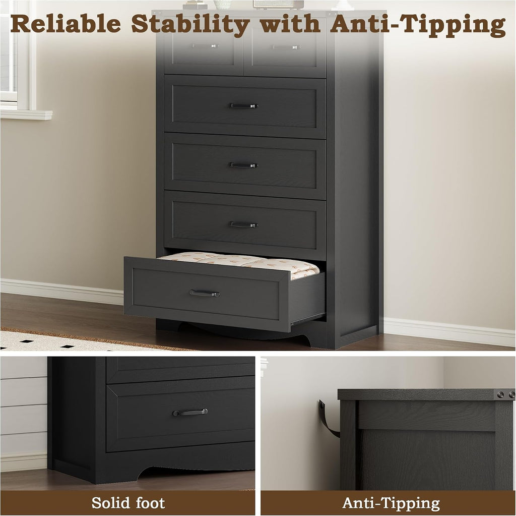 Tall 6-Drawer Dresser , Modern Wooden Chest of Drawers with Metal Handles, Anti-Tipping Design, Sturdy and Stable