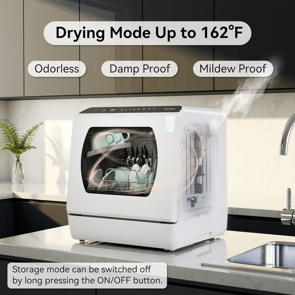 Portable Countertop Dishwashes, 5 Washing Programs Mini Dishwasher with 5-Liter Built-in Water Tank for Apartments & RVs, Tabletop Dishwasher with LED Light & Glass Door, No Hookup Needed