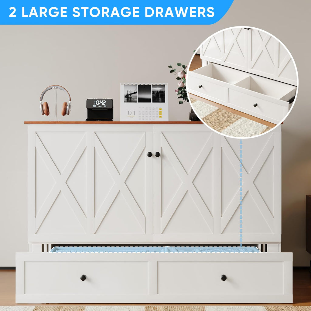 Murphy Bed Queen with Tri-Folding Mattress, X-Frame Cabinet Bed with Charging Station and Storage
