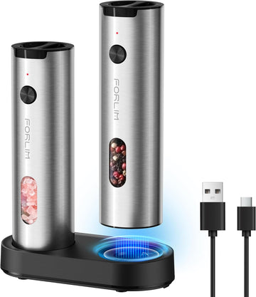 Electric Salt and Pepper Grinder Set Rechargeable, Auto Salt and Pepper Grinder set with Charging Base, Adjustable - Set of 2