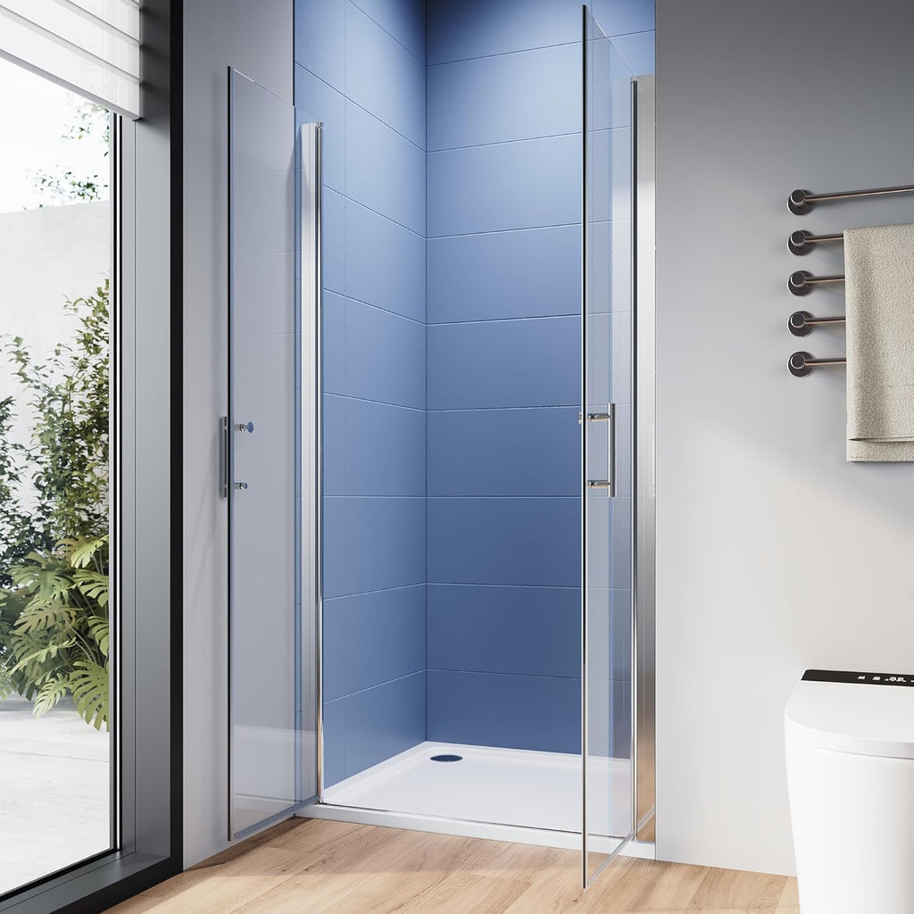 Pivot Shower Door 34" W x 75" H, 1/4" Tempered Glass Double Swing Shower Door, Frameless Pivot Swing Glass Door