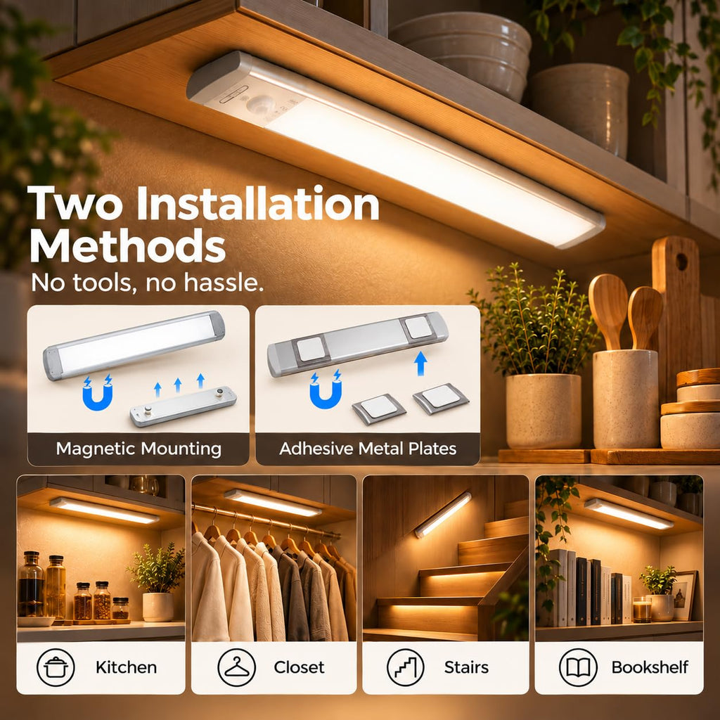 9.5 Inch Under Cabinet Lighting, 3 Color Motion Sensor Light 2 Pack