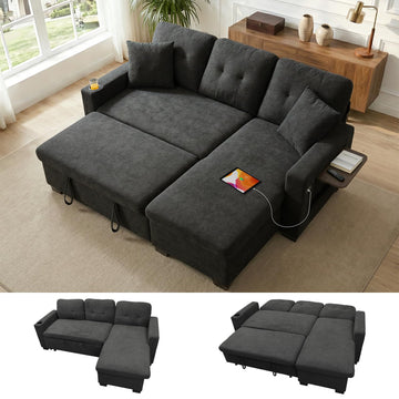 82" L Shaped Sleeper Sofa Bed, Pull Out Sectional Couch with Storage Chaise/Reclining Backrest, Sectional Couches