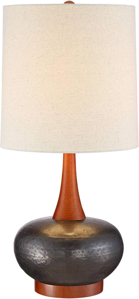 Andi Mid Century Modern Table Lamp 24.5" High Hammered Bronze Ceramic Wood Off White Tall Drum Shade Bedroom House