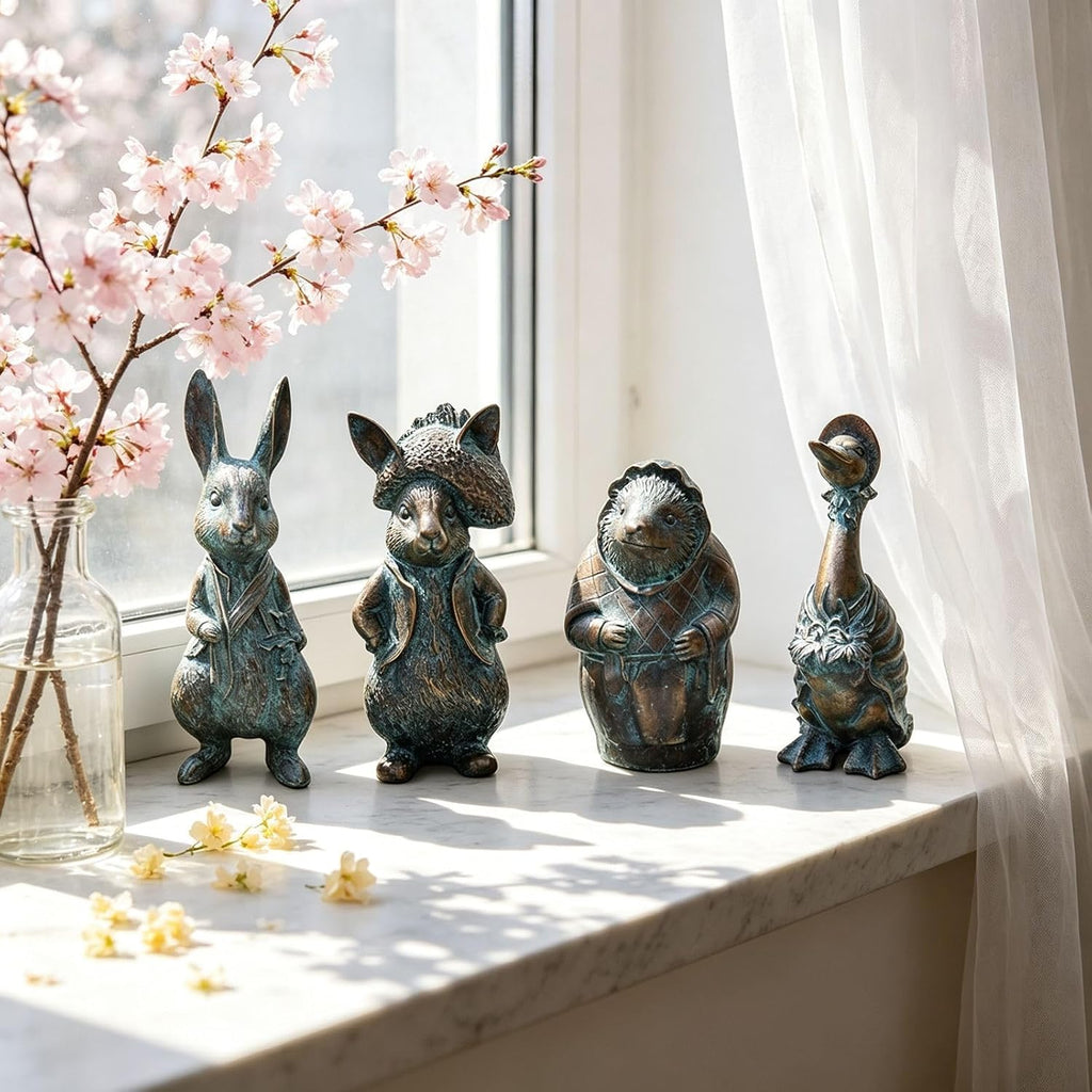 4-Piece Faux Bronze Resin Animal Statue Set Garden Decor Gift | Ideal gift set for garden lovers, housewarming
