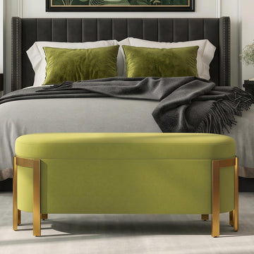 48" Velvet Storage Bench with Gold Legs, Olive Green | End of Bed Ottoman Bench with Hidden Storage