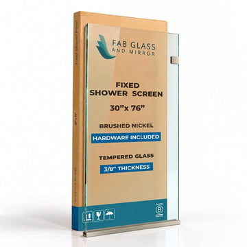 30x76 Frameless Shower Panel - 3/8" Thick Tempered Safety Glass - Fixed Bathroom Partition - Brushed Nickel Finish