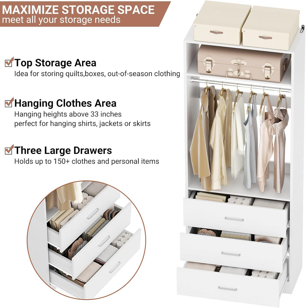 Freestanding 2FT Closet System with 3 Drawers,Wood Closet Organizer | 24" Closet Organizr system with Hanging Rod &