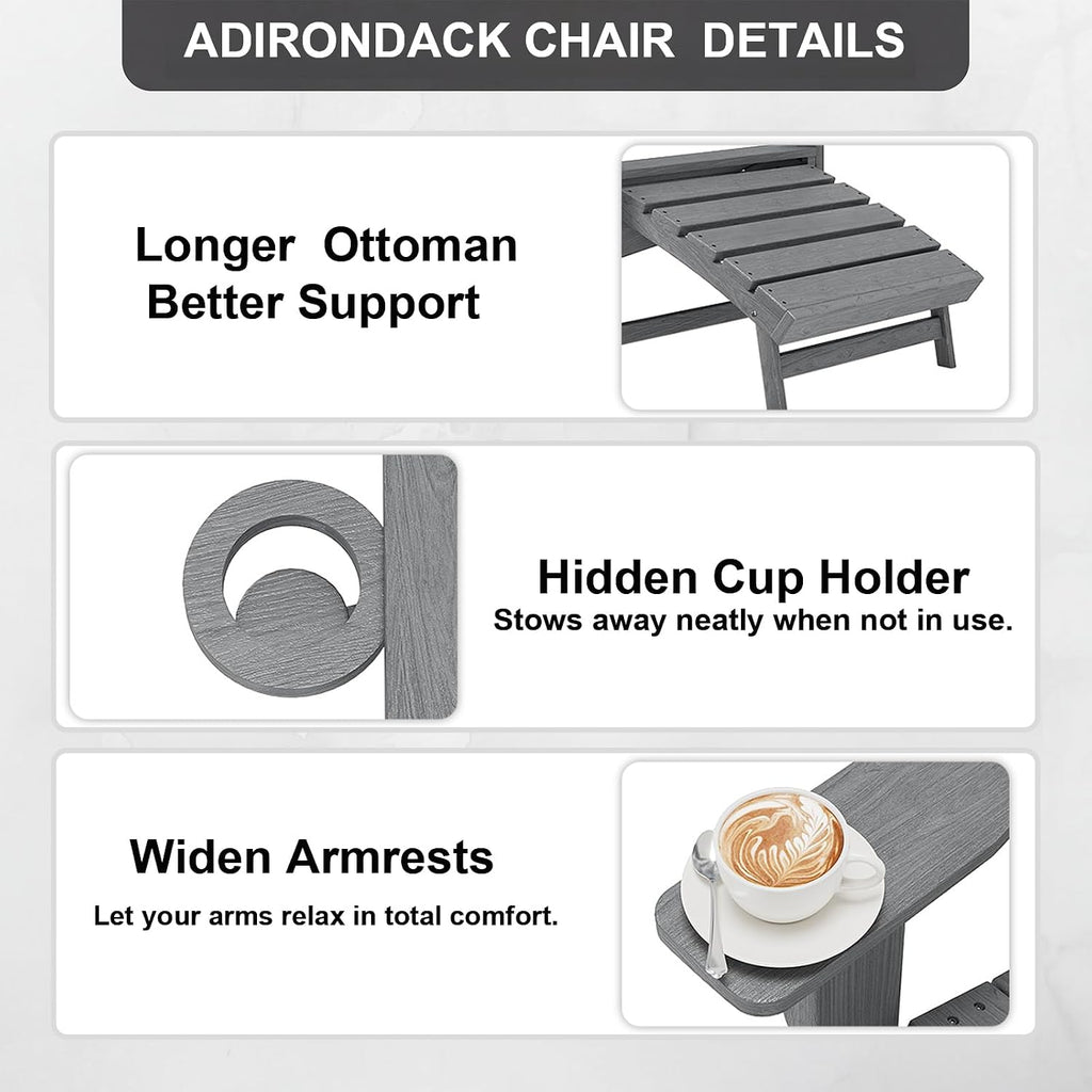 Folding Adirondack Chair with Retractable Ottoman,HDPE Outdoor Adirondack Chair with Cup Holder,All-Weather Lounge