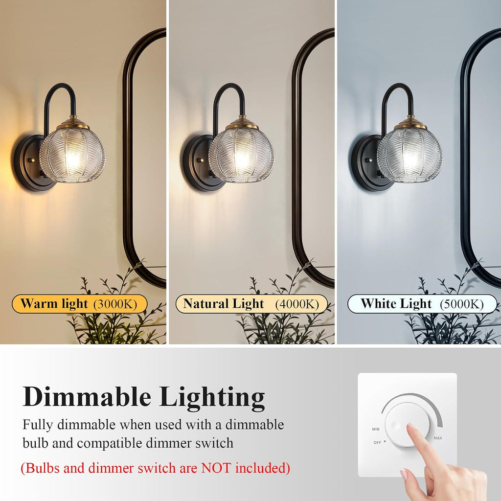 Bathroom Vanity Light Fixtures, 1-Light Smoky Gray Glass Shade, Modern Black and Gold Wall Sconce, Unique Textured