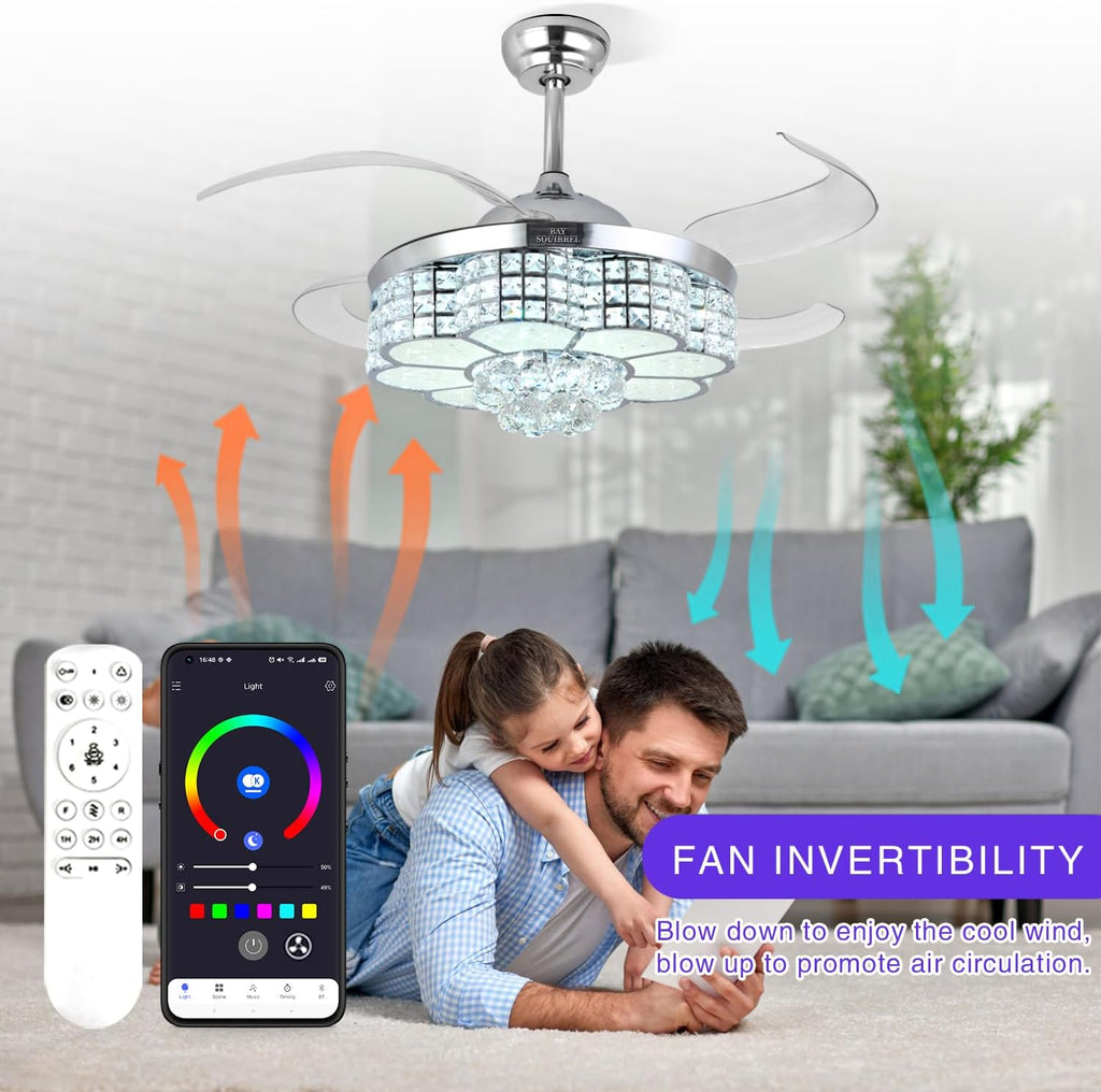 Retractable Ceiling Fan with Light and Remote/APP Control, Bluetooth Ceiling Fans with Speaker