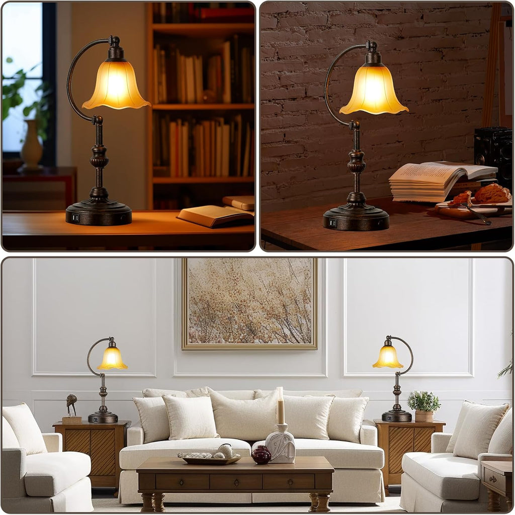 Farmhouse Table Lamp, 3-Way Dimmable Rustic Nightstand Lamp with USB A+C Ports