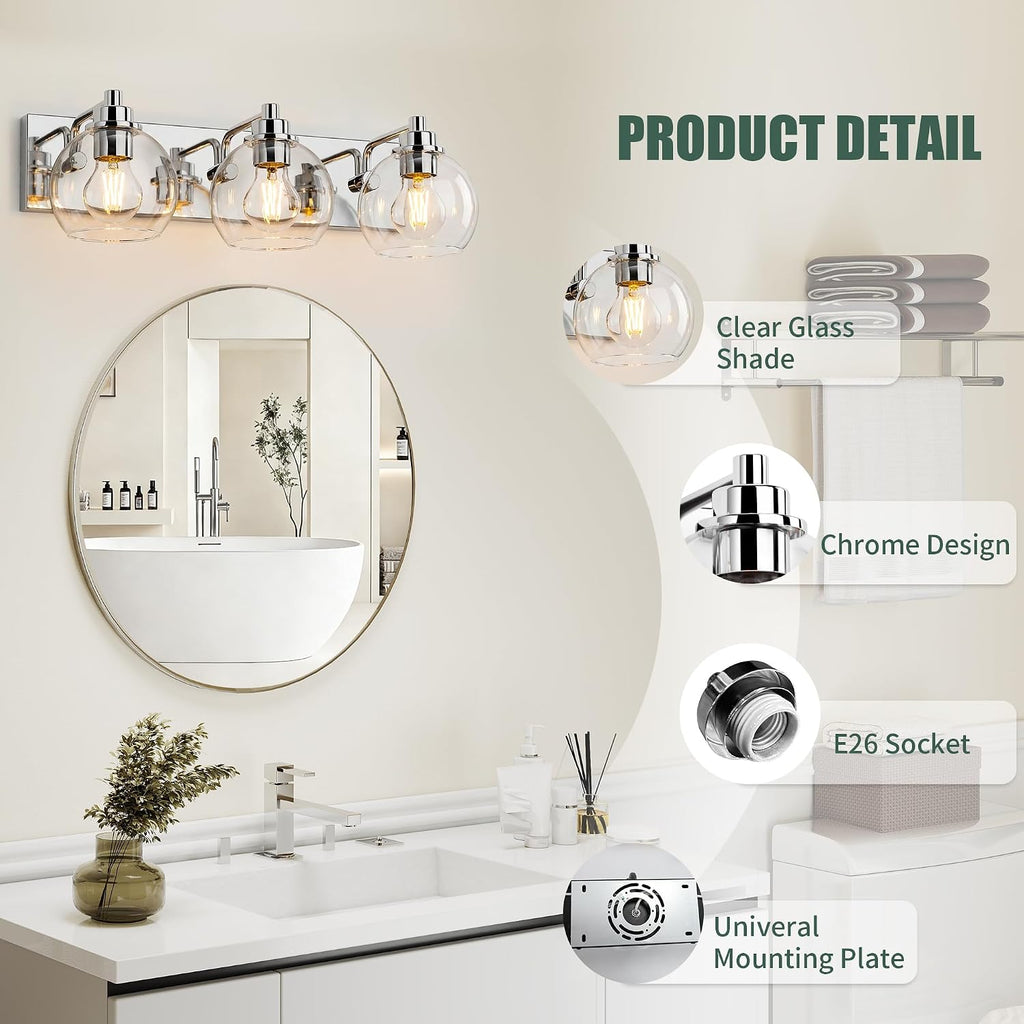 3 Light Bathroom Light Fixtures-Chrome Bathroom Vanity Lights, Modern Vanity Lights 3-Light Bathroom Lighting