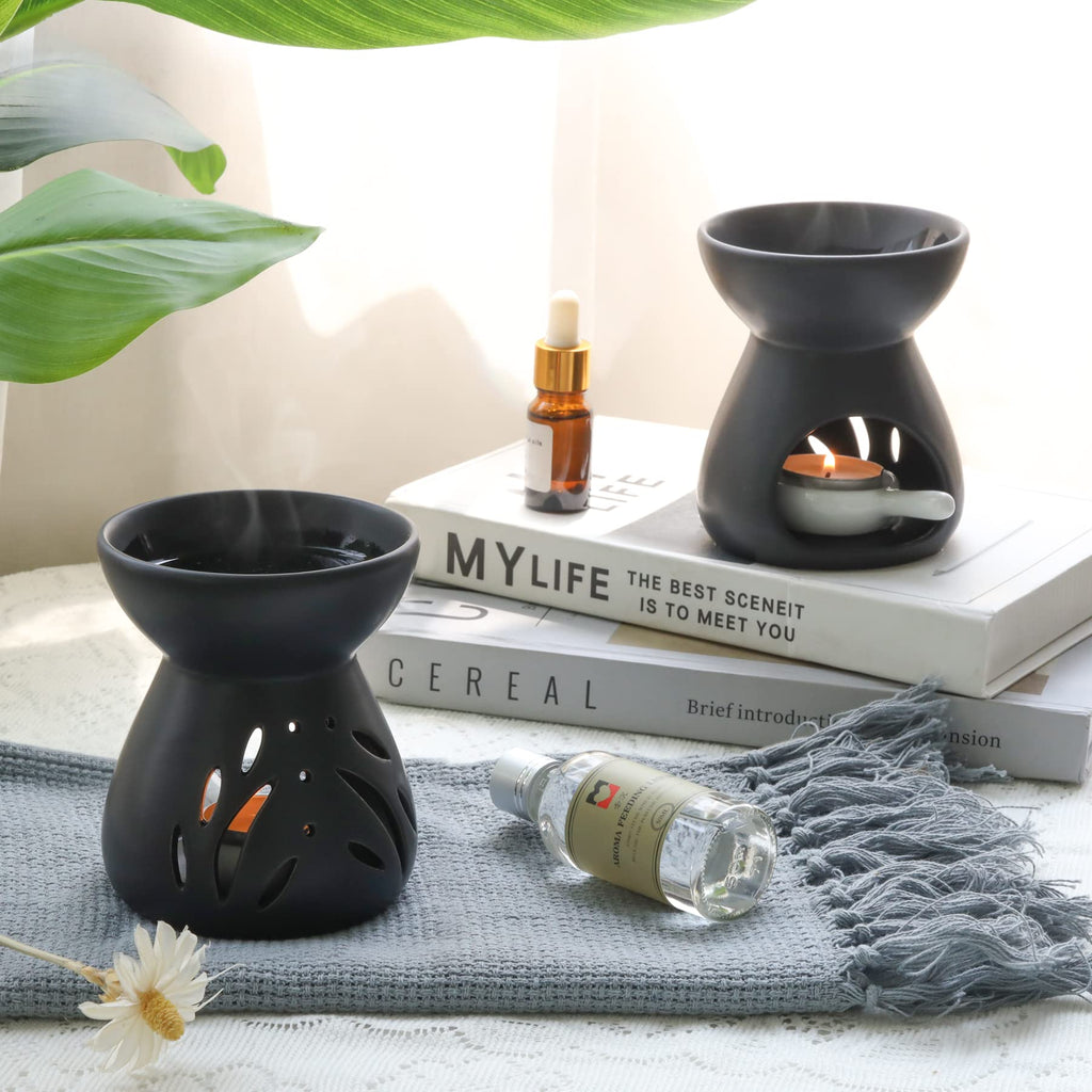 Oil Burner Wax Melt Warmer, Ceramic Candle Diffuser Black 2 Pack