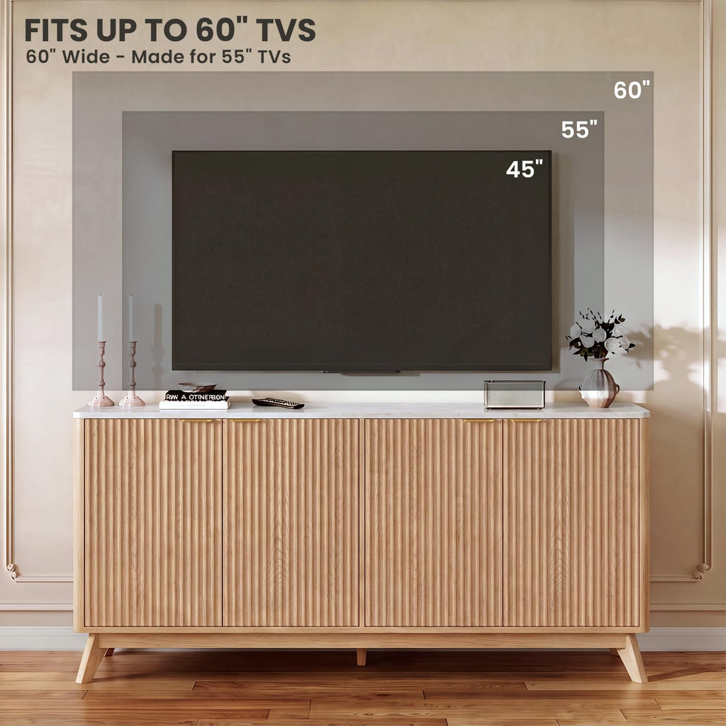 59'' Sideboard Buffet Storage Cabinet with Marble Top, Fluted Cabinet with Rounded Corners, Modern Buffet Table