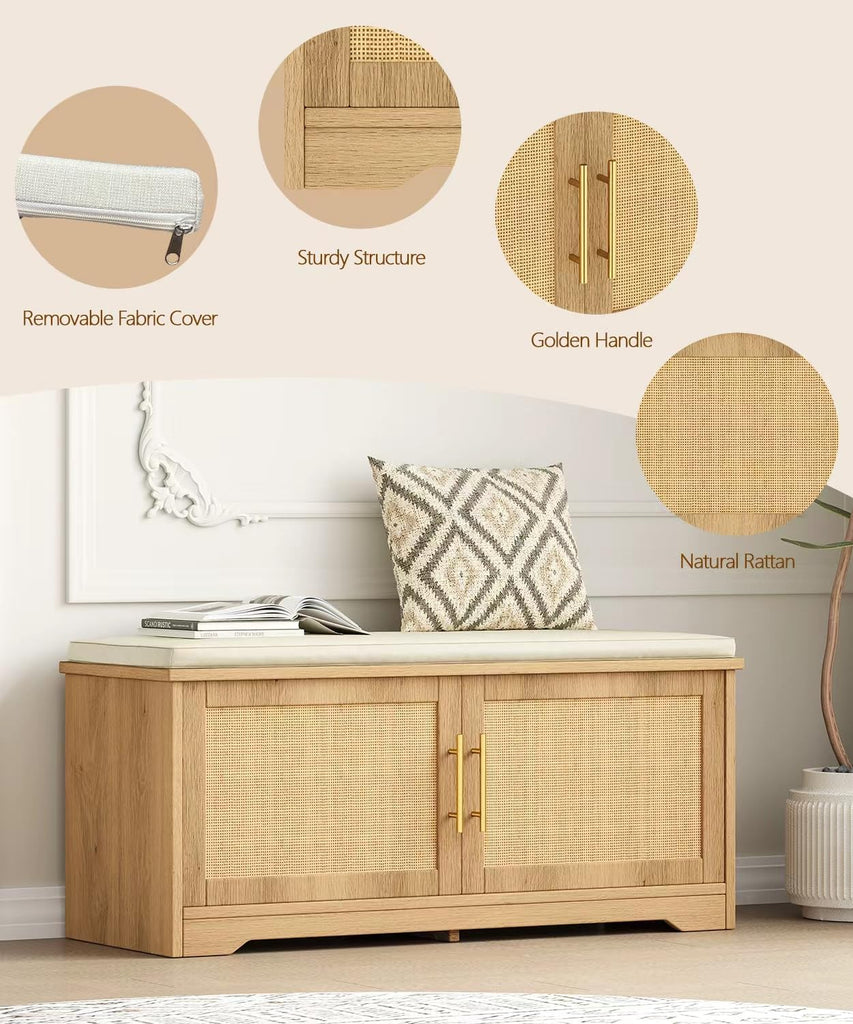 Rattan Shoe Storage Bench with Cushion, 39.4" Wide Entryway Bench with Adjustable Shelf, Hidden Shoe Organizer