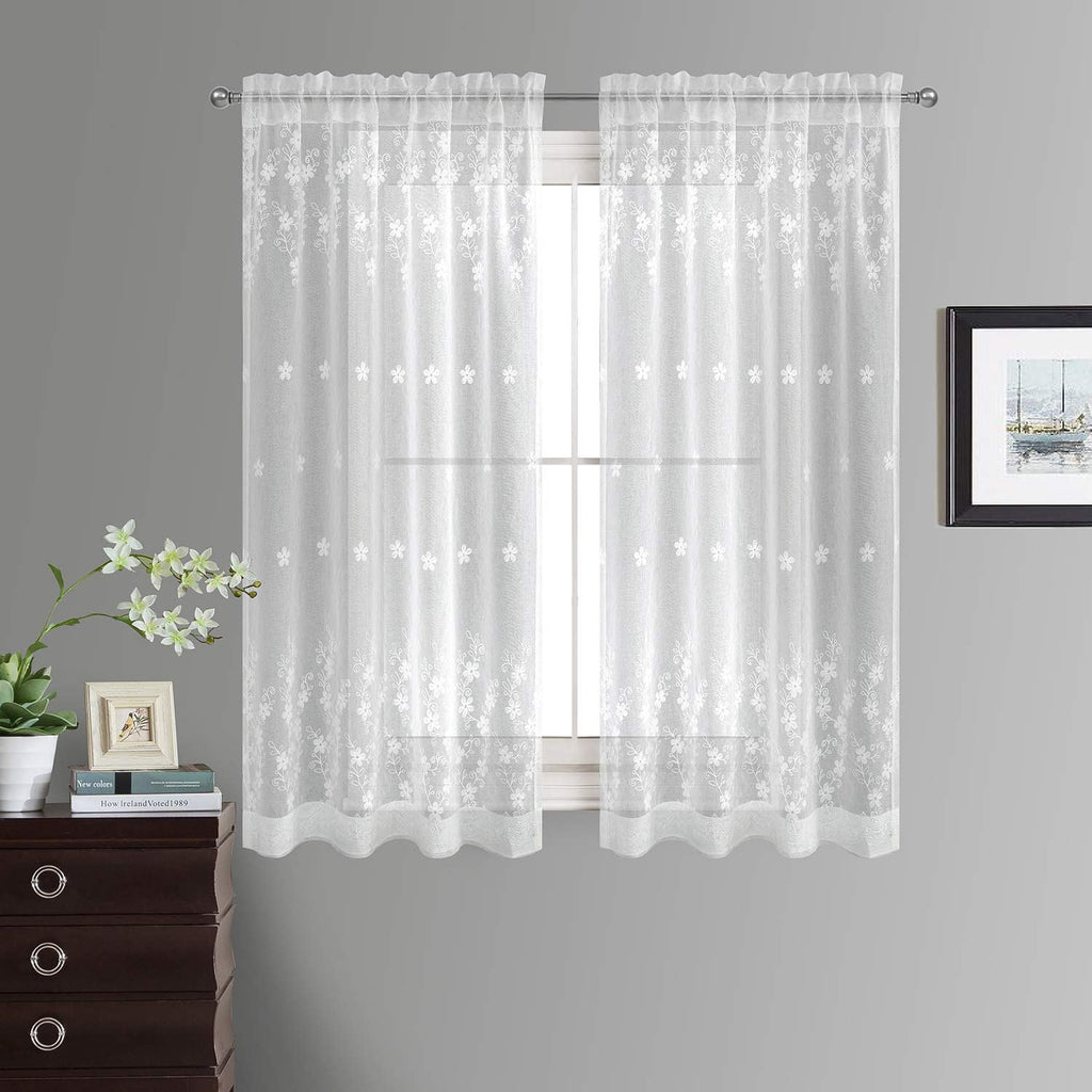 White Sheer Curtains Embroidered Design Rod Pocket Window Drapes Dining Room Bedroom, 2 Panels (Gypsophila, 60x104)