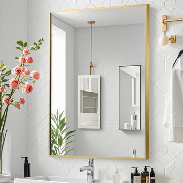 Gold Bathroom Mirror, 24"x32" Rectangle Mirror, Brushed Gold Mirror, Metal Frame Square Corner Vanity Mirror, Wall