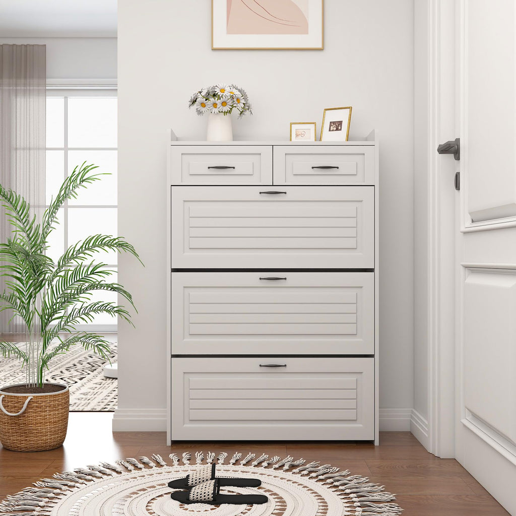 Shoe Storage Cabinet with 3 Flip Drawers, White Freestanding Storage Racks Hidden Narrow Shoe Organizers Perfect for
