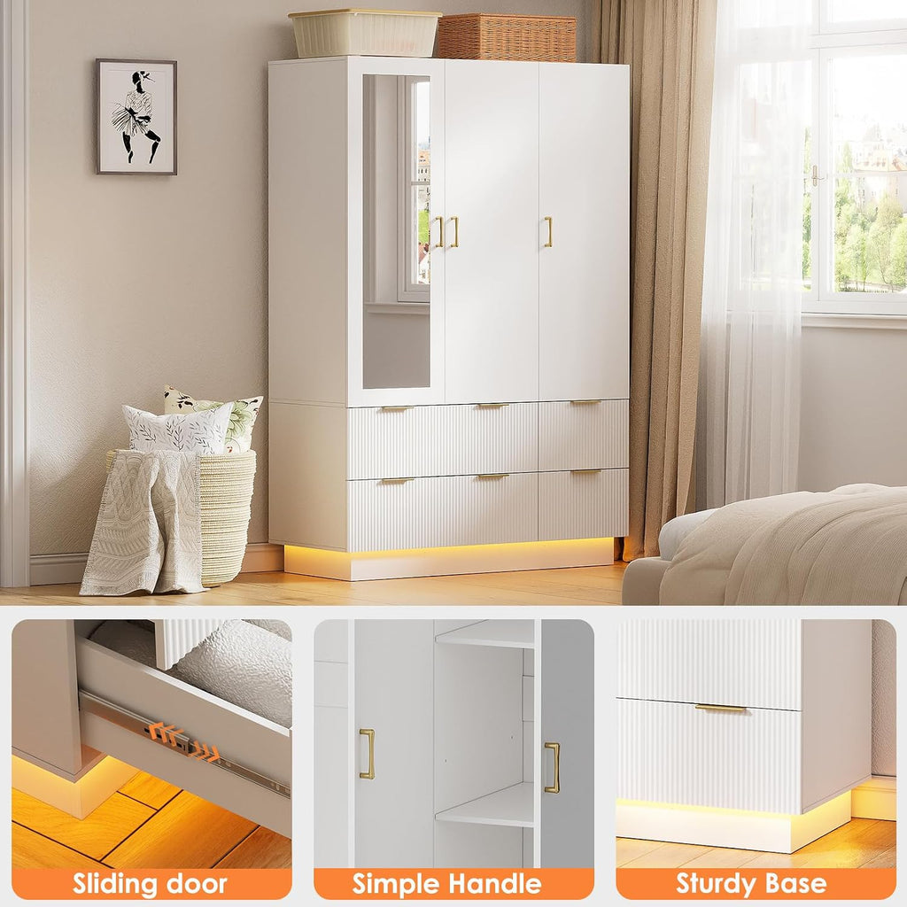 Armoire Wardrobe Closet with 3 Door, Mirror, LED Lights | Hanging Rod, Drawers, Bedroom Armoires - Large Capacity