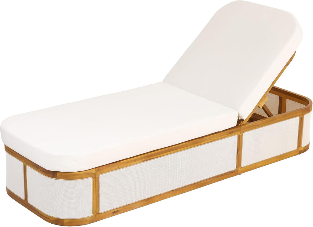 Teak Finish Acacia Wood Chaise Lounge Set with Cream 2-Fold Cushion, Outdoor Recliner Chair with 3-Position